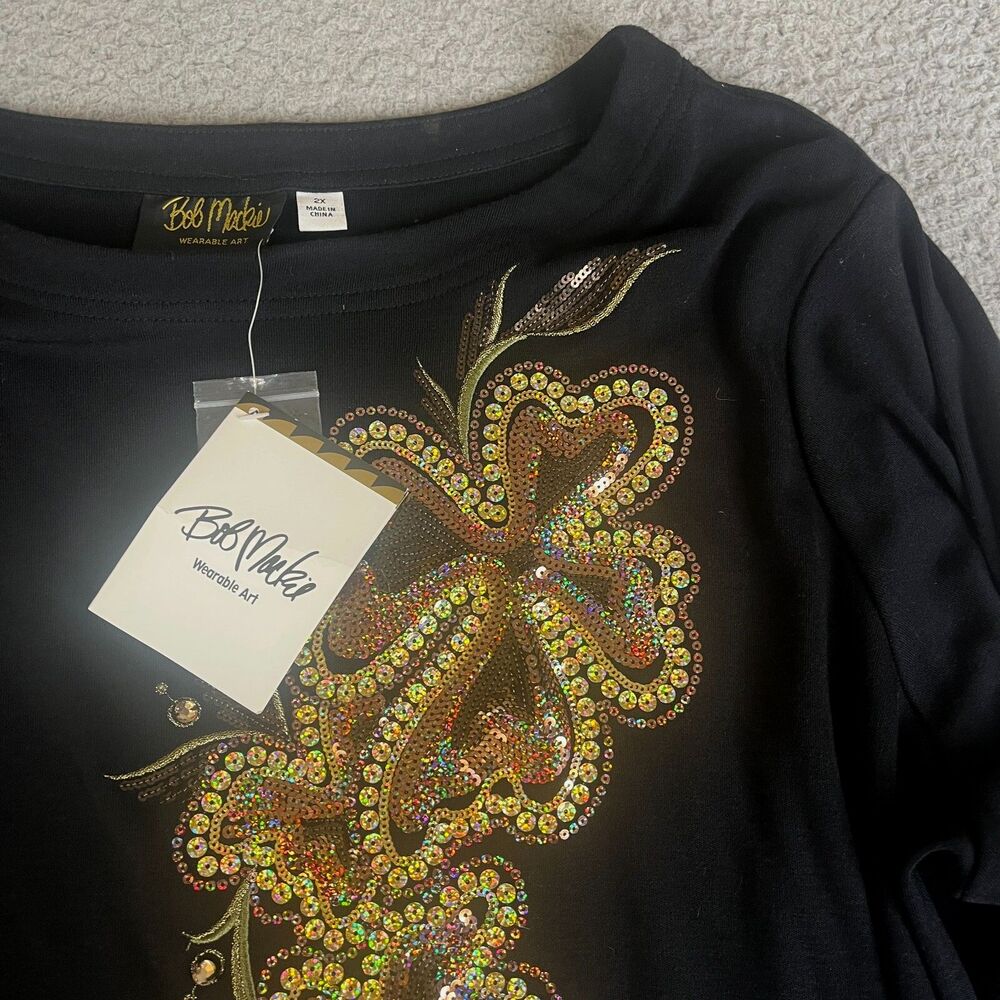 BOB MACKIE Wearable Art Sweater Women 2X Black Gold Metallic Ribbed Sequin